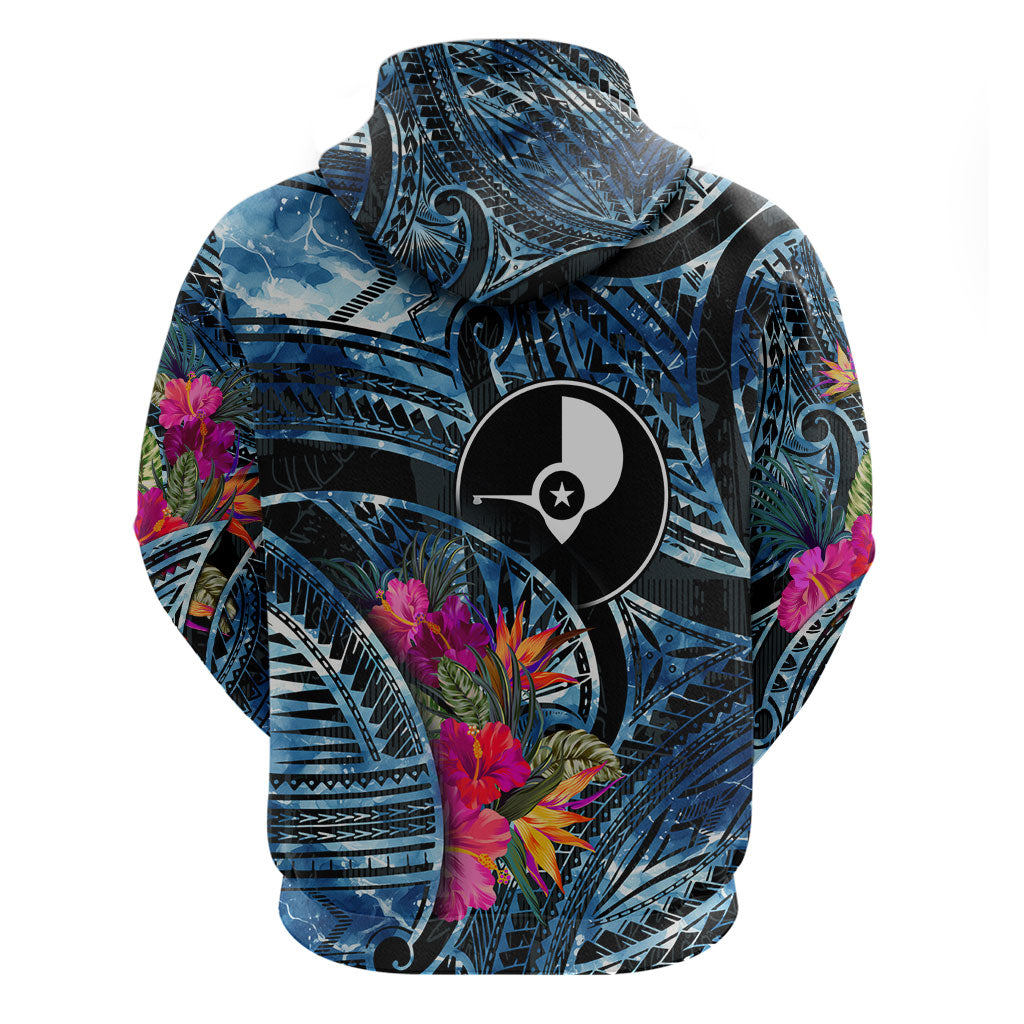Yap Day Island Floral Tribal Heritage Zip Hoodie Micronesian Hibiscus Pattern Polynesian Tattoo Blue Art