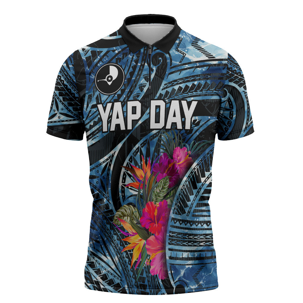 Yap Day Island Floral Tribal Heritage Zipper Polo Shirt Micronesian Hibiscus Pattern Polynesian Tattoo Blue Art TS04 Black Blue - Polynesian Pride