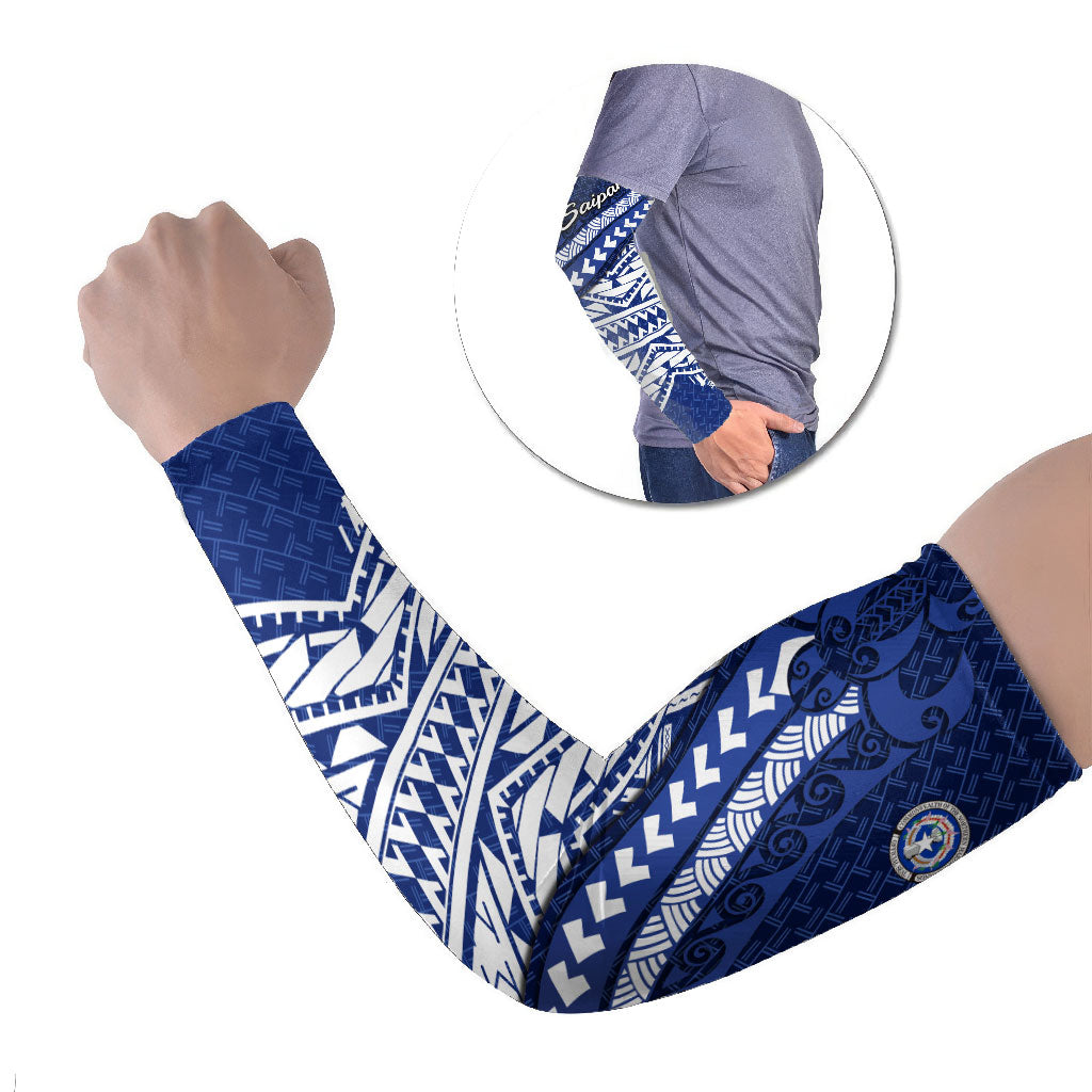 Northern Mariana Islands Saipan Arm Sleeves Polynesian Tribal Pattern - Commonwealth Seal Art TS04 Set of 2 Blue White - Polynesian Pride