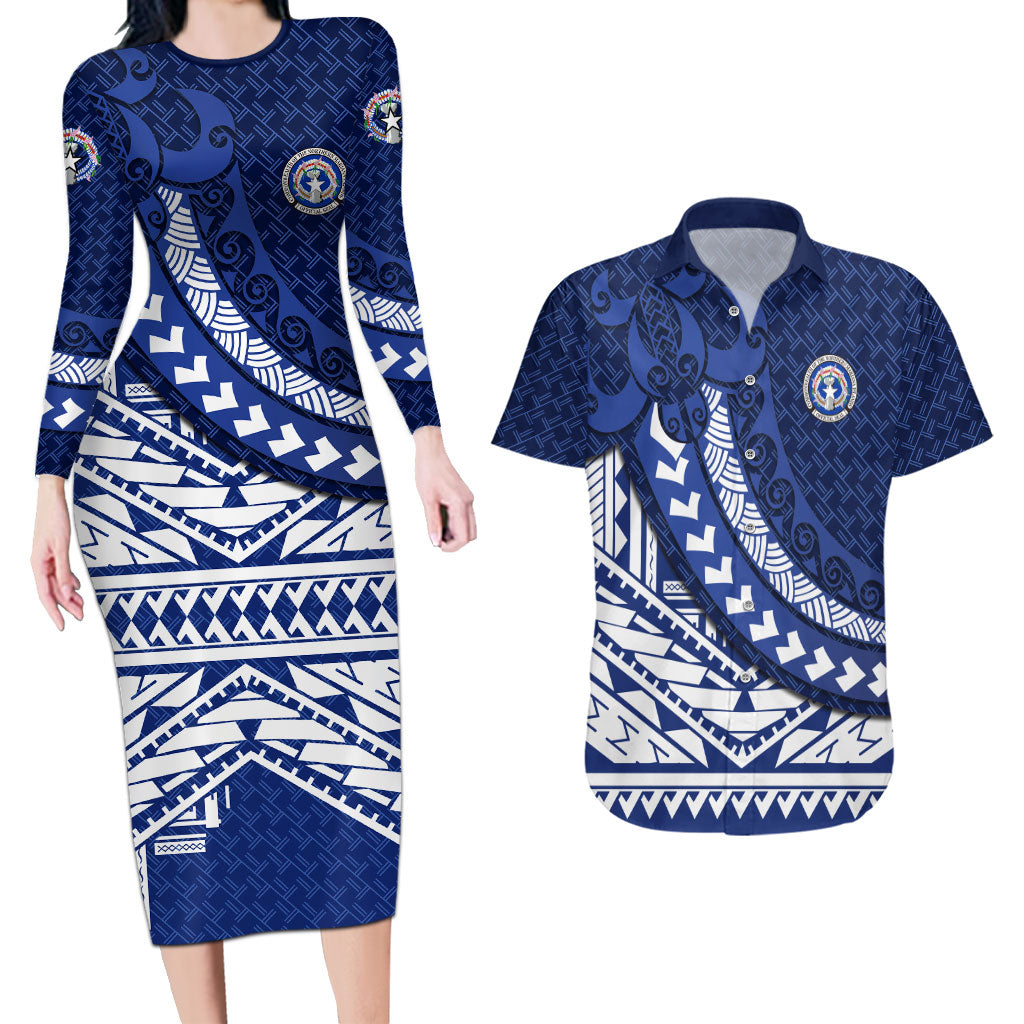 Northern Mariana Islands Saipan Couples Matching Long Sleeve Bodycon Dress and Hawaiian Shirt Polynesian Tribal Pattern - Commonwealth Seal Art