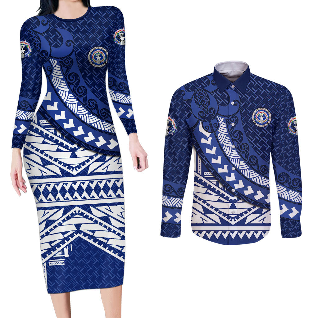 Northern Mariana Islands Saipan Couples Matching Long Sleeve Bodycon Dress and Long Sleeve Button Shirt Polynesian Tribal Pattern - Commonwealth Seal Art