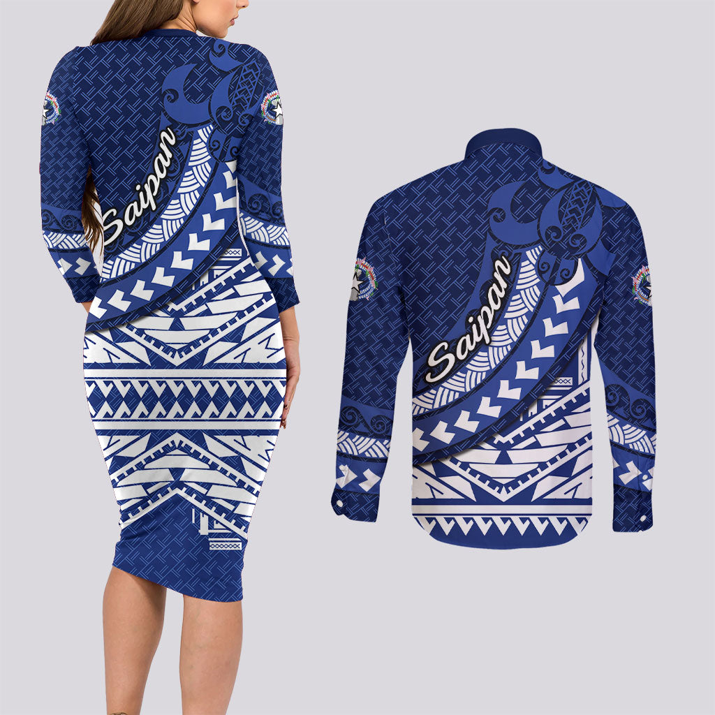 Northern Mariana Islands Saipan Couples Matching Long Sleeve Bodycon Dress and Long Sleeve Button Shirt Polynesian Tribal Pattern - Commonwealth Seal Art