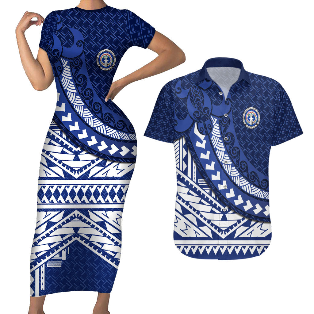 Northern Mariana Islands Saipan Couples Matching Short Sleeve Bodycon Dress and Hawaiian Shirt Polynesian Tribal Pattern - Commonwealth Seal Art