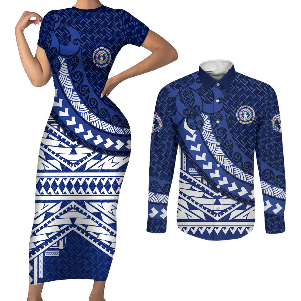 Northern Mariana Islands Saipan Couples Matching Short Sleeve Bodycon Dress and Long Sleeve Button Shirt Polynesian Tribal Pattern - Commonwealth Seal Art
