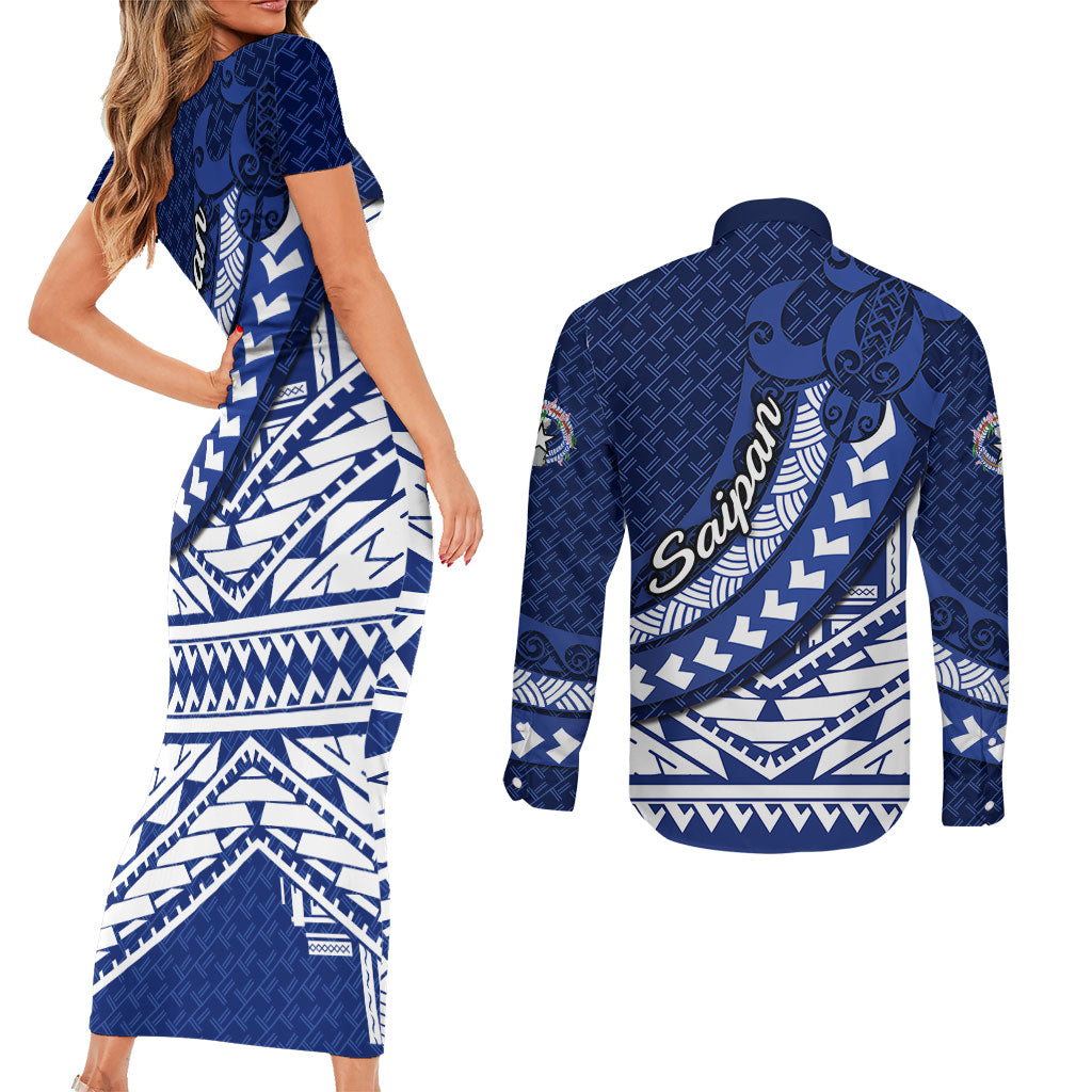 Northern Mariana Islands Saipan Couples Matching Short Sleeve Bodycon Dress and Long Sleeve Button Shirt Polynesian Tribal Pattern - Commonwealth Seal Art