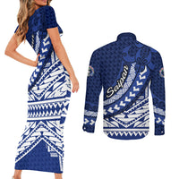 Northern Mariana Islands Saipan Couples Matching Short Sleeve Bodycon Dress and Long Sleeve Button Shirt Polynesian Tribal Pattern - Commonwealth Seal Art