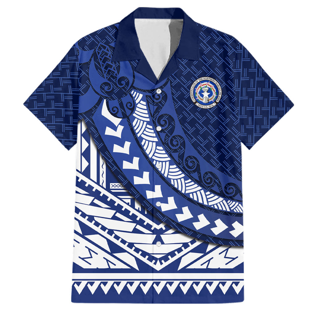 Northern Mariana Islands Saipan Family Matching Long Sleeve Bodycon Dress and Hawaiian Shirt Polynesian Tribal Pattern - Commonwealth Seal Art TS04 Dad's Shirt - Short Sleeve Blue White - Polynesian Pride