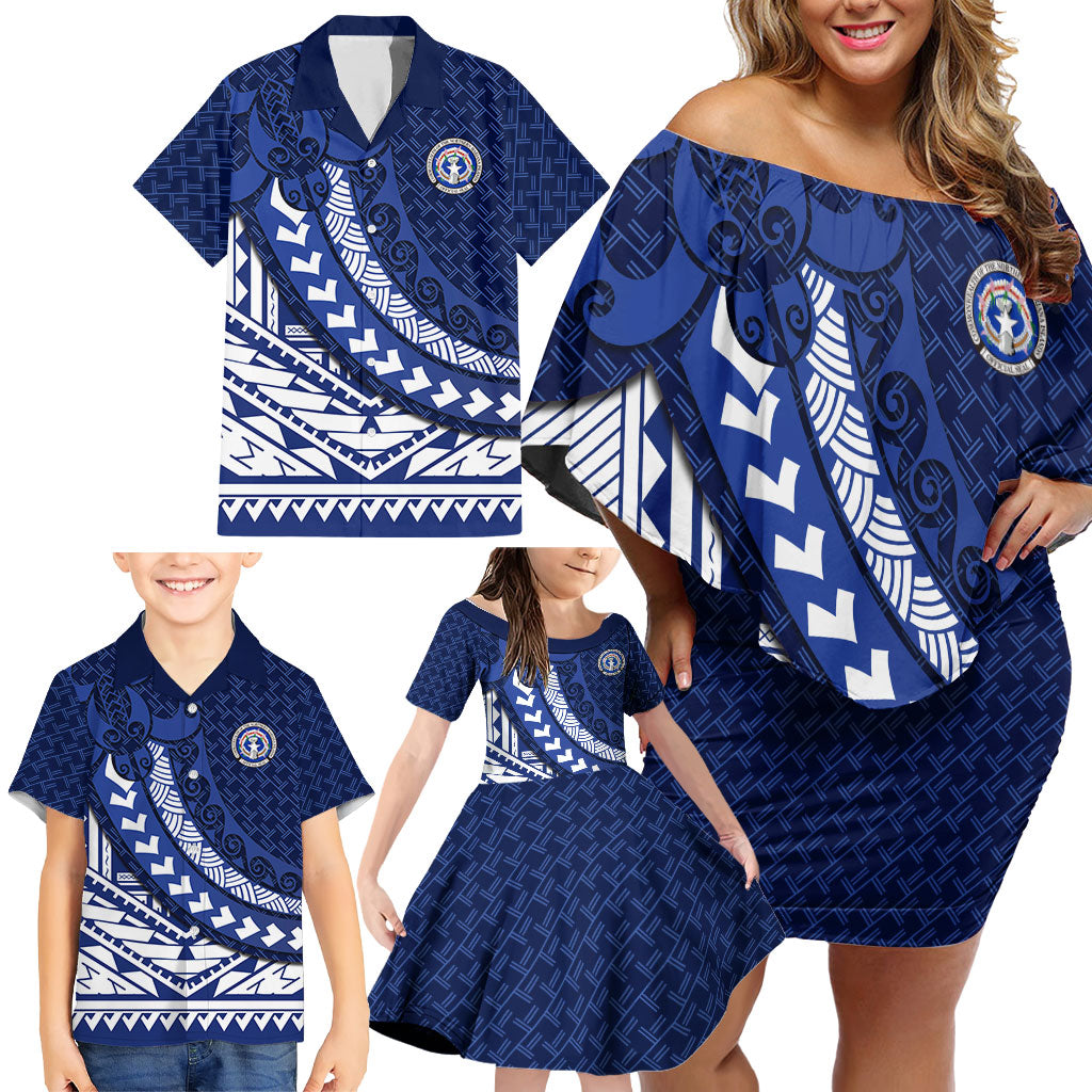 Northern Mariana Islands Saipan Family Matching Off Shoulder Short Dress and Hawaiian Shirt Polynesian Tribal Pattern - Commonwealth Seal Art