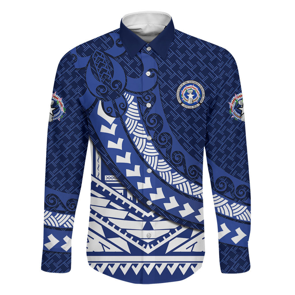 Northern Mariana Islands Saipan Family Matching Puletasi and Hawaiian Shirt Polynesian Tribal Pattern - Commonwealth Seal Art TS04 Dad's Shirt - Long Sleeve Blue White - Polynesian Pride