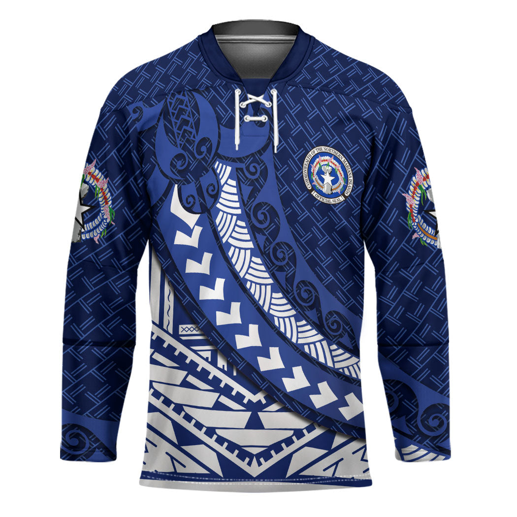 Northern Mariana Islands Saipan Hockey Jersey Polynesian Tribal Pattern - Commonwealth Seal Art TS04 Unisex Blue White - Polynesian Pride