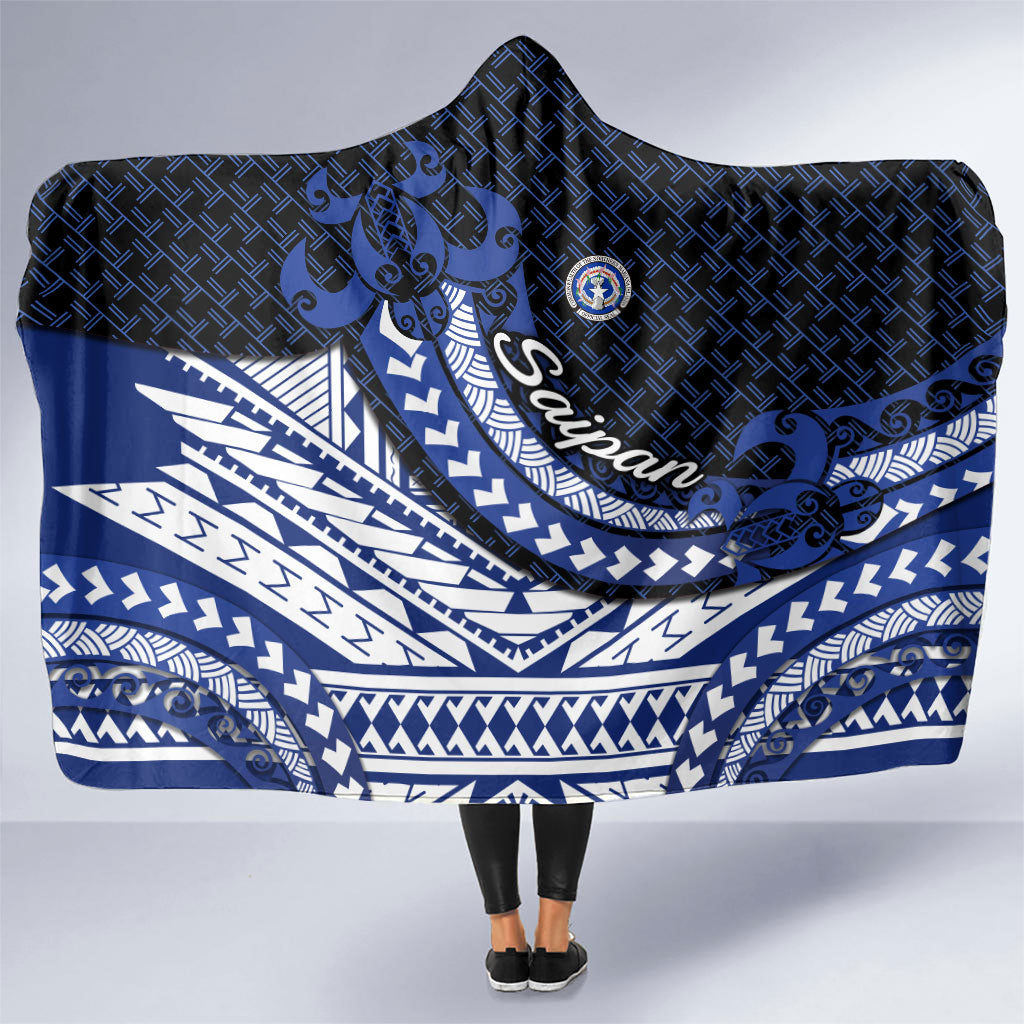 Northern Mariana Islands Saipan Hooded Blanket Polynesian Tribal Pattern - Commonwealth Seal Art TS04 One Size Blue White - Polynesian Pride