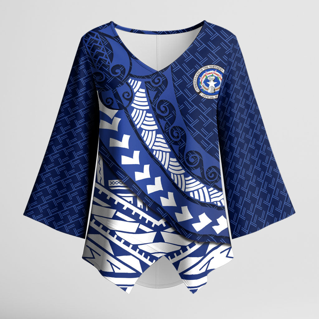 Northern Mariana Islands Saipan Kimono Sleeve Blouse Polynesian Tribal Pattern - Commonwealth Seal Art TS04 Female Blue White - Polynesian Pride