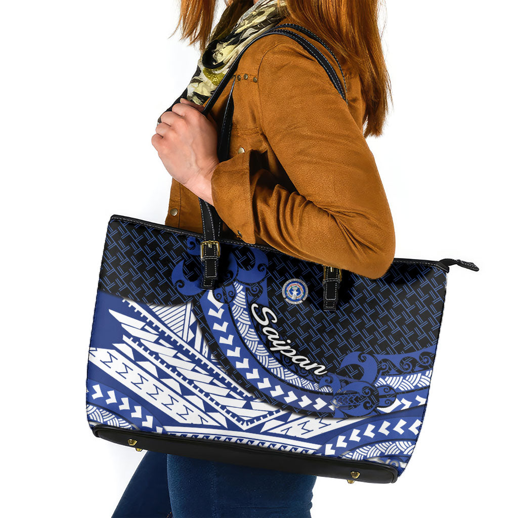 Northern Mariana Islands Saipan Leather Tote Bag Polynesian Tribal Pattern - Commonwealth Seal Art TS04 Blue White - Polynesian Pride