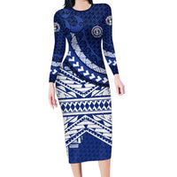 Northern Mariana Islands Saipan Long Sleeve Bodycon Dress Polynesian Tribal Pattern - Commonwealth Seal Art TS04 Long Dress Blue White - Polynesian Pride