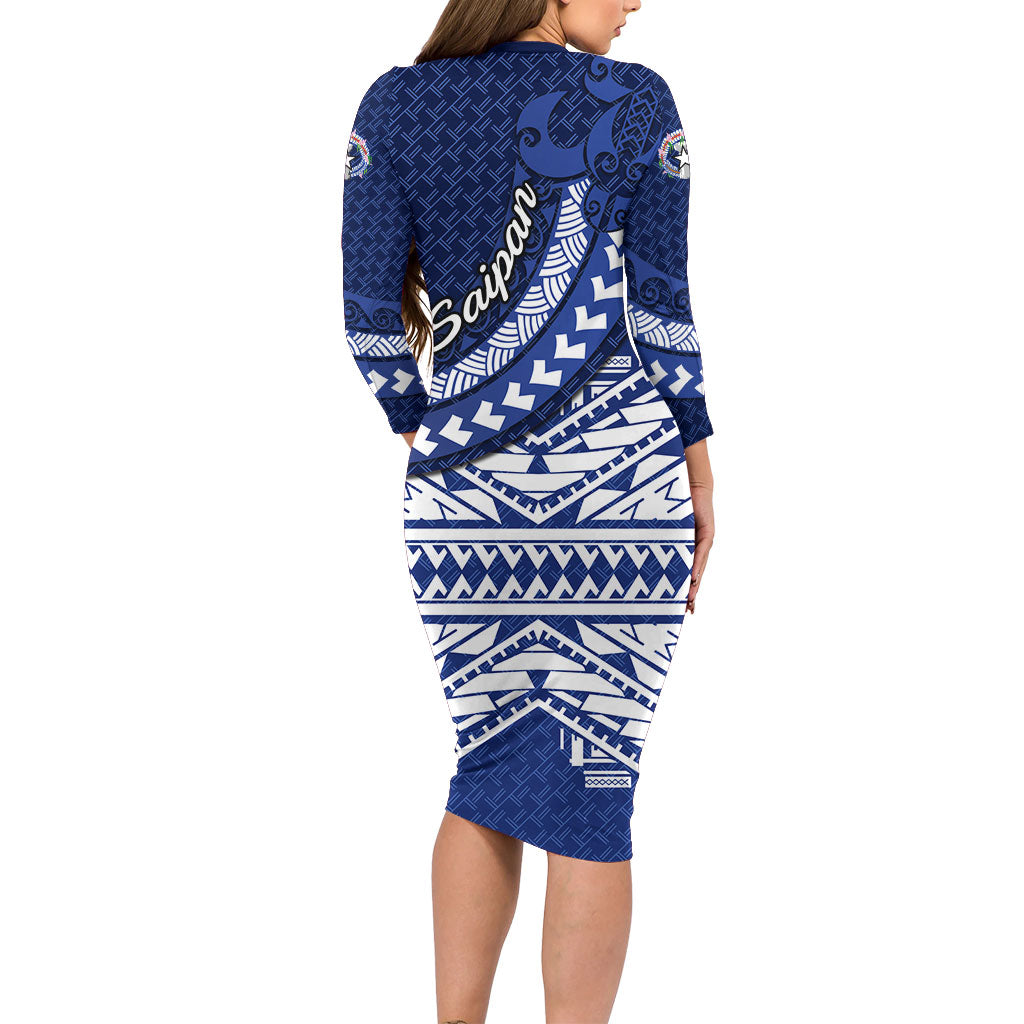 Northern Mariana Islands Saipan Long Sleeve Bodycon Dress Polynesian Tribal Pattern - Commonwealth Seal Art TS04 - Polynesian Pride