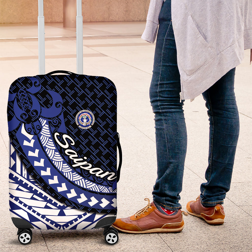 Northern Mariana Islands Saipan Luggage Cover Polynesian Tribal Pattern - Commonwealth Seal Art TS04 Blue White - Polynesian Pride
