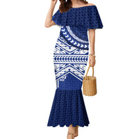 Northern Mariana Islands Saipan Mermaid Dress Polynesian Tribal Pattern - Commonwealth Seal Art TS04 Women Blue White - Polynesian Pride