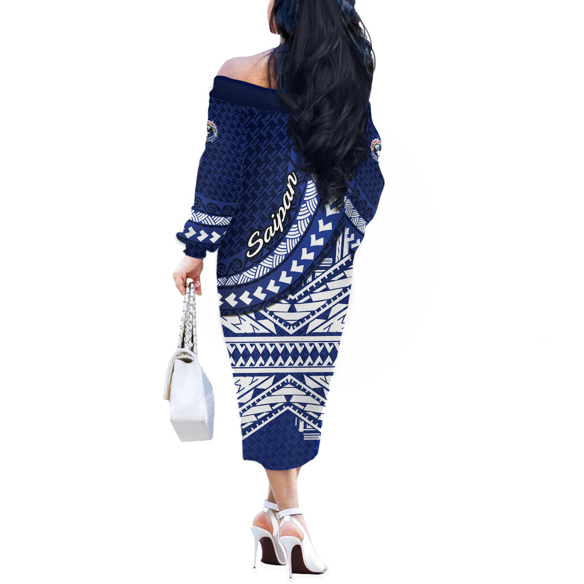 Northern Mariana Islands Saipan Off The Shoulder Long Sleeve Dress Polynesian Tribal Pattern - Commonwealth Seal Art TS04 - Polynesian Pride