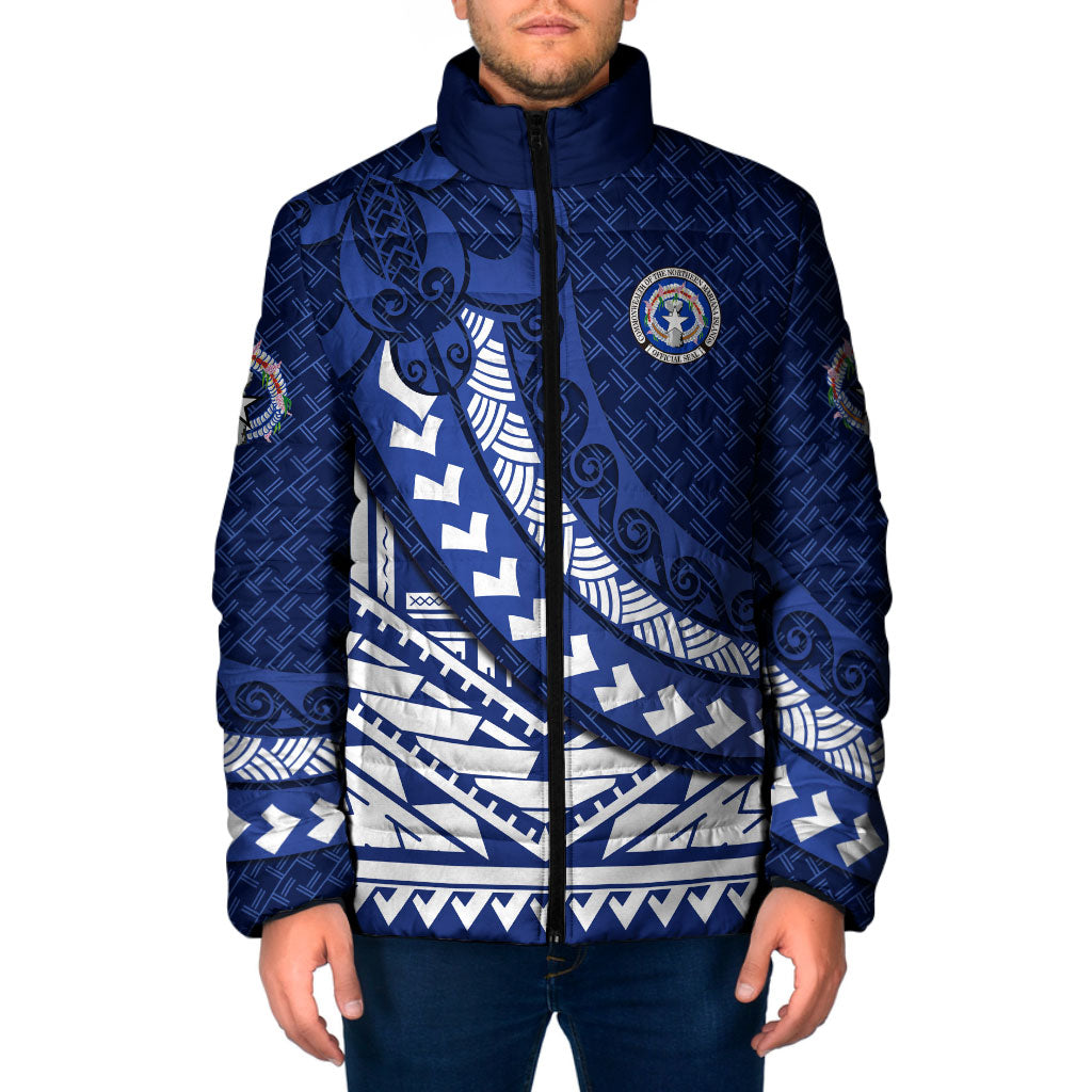 Northern Mariana Islands Saipan Padded Jacket Polynesian Tribal Pattern - Commonwealth Seal Art TS04 Men Blue White - Polynesian Pride