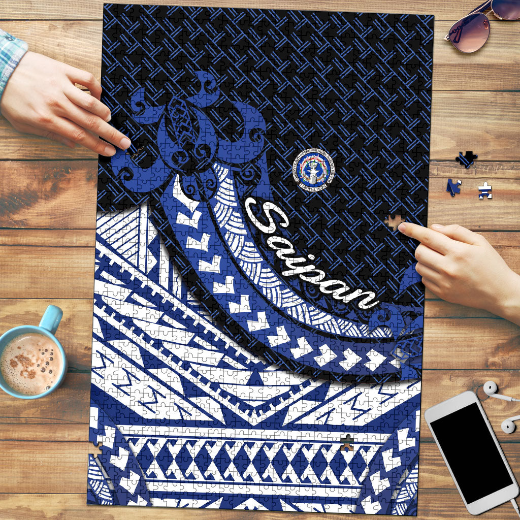 Northern Mariana Islands Saipan Puzzle Polynesian Tribal Pattern - Commonwealth Seal Art TS04 Blue White - Polynesian Pride