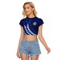 Northern Mariana Islands Saipan Raglan Cropped T Shirt Polynesian Tribal Pattern - Commonwealth Seal Art TS04 Female Blue White - Polynesian Pride