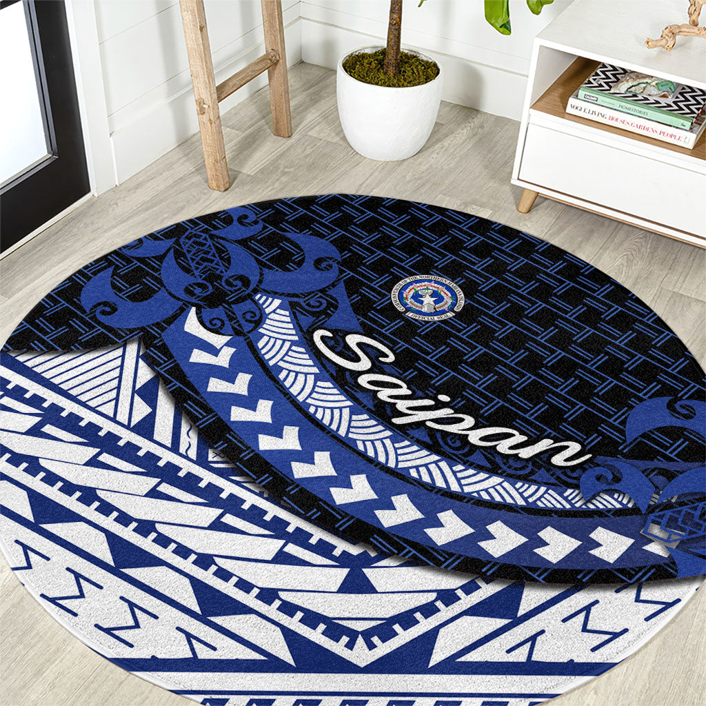 Northern Mariana Islands Saipan Round Carpet Polynesian Tribal Pattern - Commonwealth Seal Art TS04 Blue White - Polynesian Pride