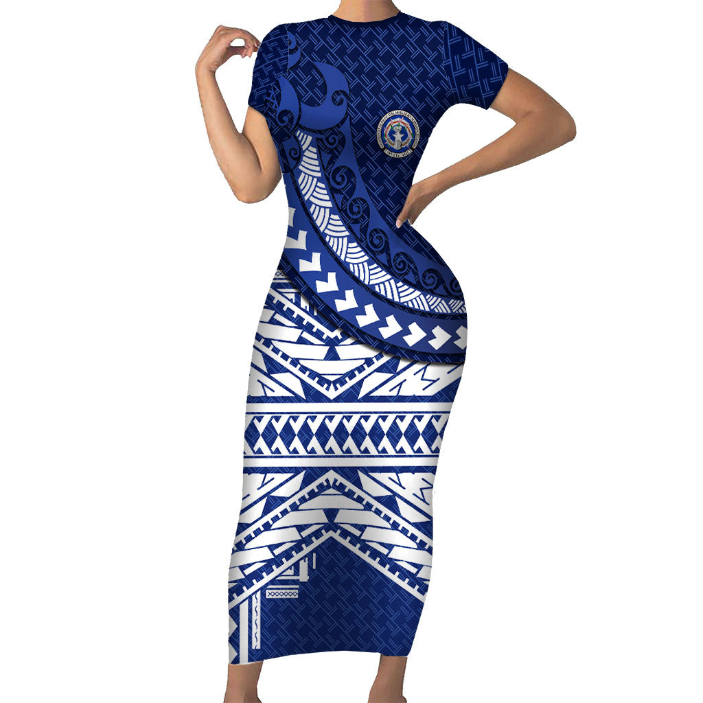 Northern Mariana Islands Saipan Short Sleeve Bodycon Dress Polynesian Tribal Pattern - Commonwealth Seal Art TS04 Long Dress Blue White - Polynesian Pride