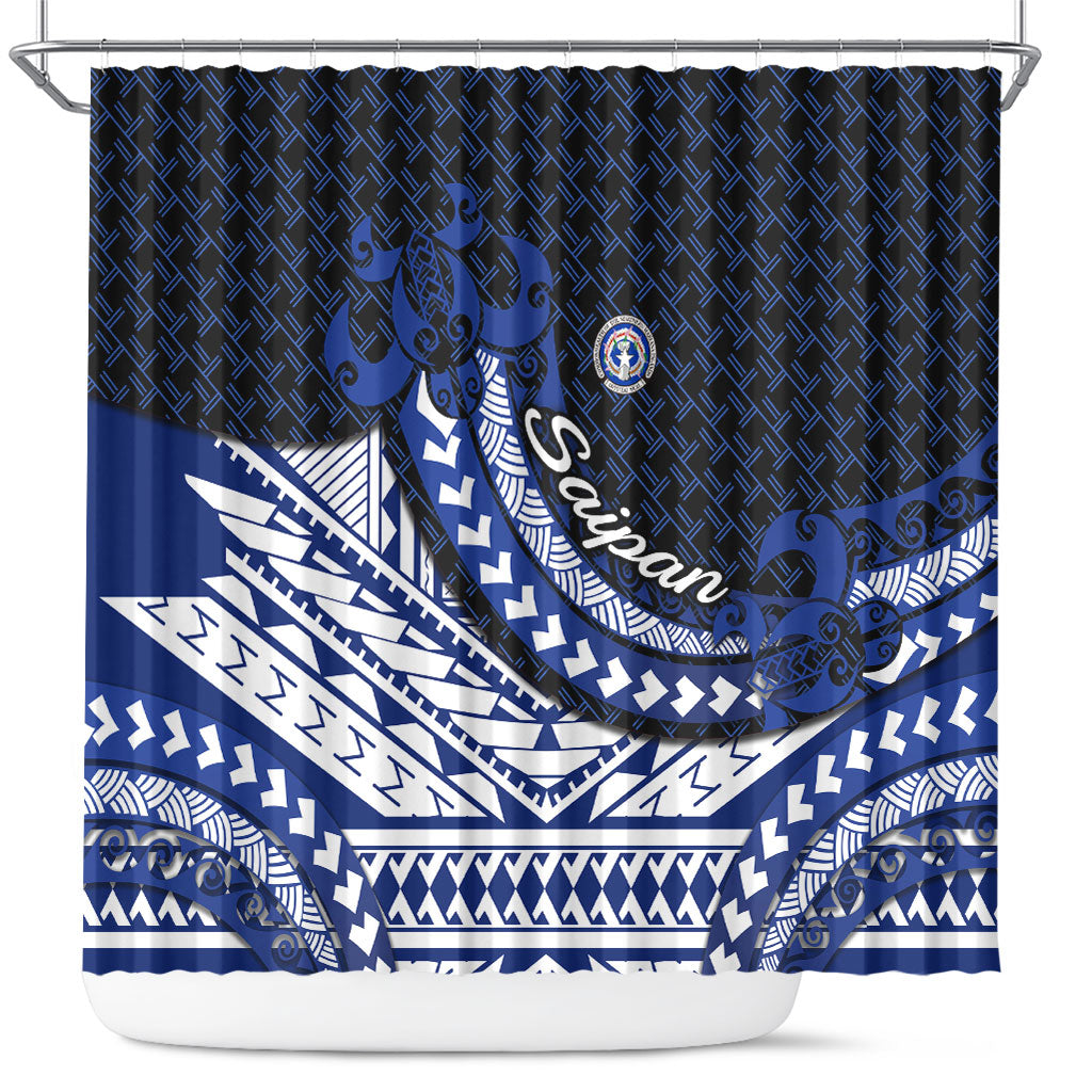 Northern Mariana Islands Saipan Shower Curtain Polynesian Tribal Pattern - Commonwealth Seal Art TS04 Blue White - Polynesian Pride