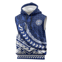 Northern Mariana Islands Saipan Sleeveless Hoodie Polynesian Tribal Pattern - Commonwealth Seal Art TS04 Blue White - Polynesian Pride