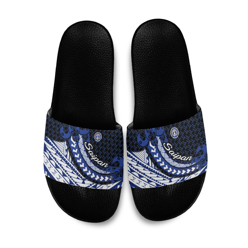 Northern Mariana Islands Saipan Slide Sandals Polynesian Tribal Pattern - Commonwealth Seal Art TS04 Blue White - Polynesian Pride