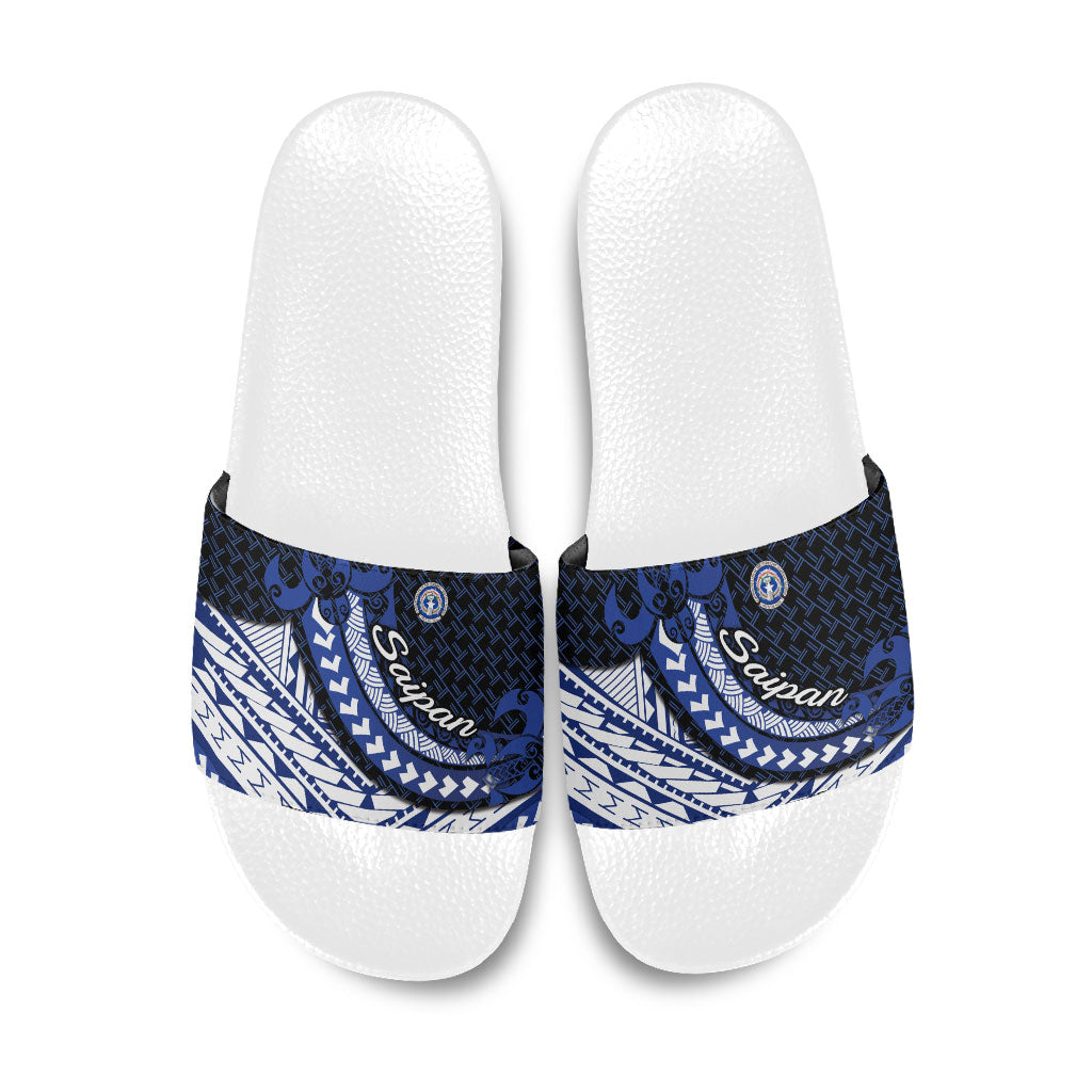 Northern Mariana Islands Saipan Slide Sandals Polynesian Tribal Pattern - Commonwealth Seal Art TS04 Blue White - Polynesian Pride