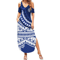 Northern Mariana Islands Saipan Summer Maxi Dress Polynesian Tribal Pattern - Commonwealth Seal Art TS04 Women Blue White - Polynesian Pride