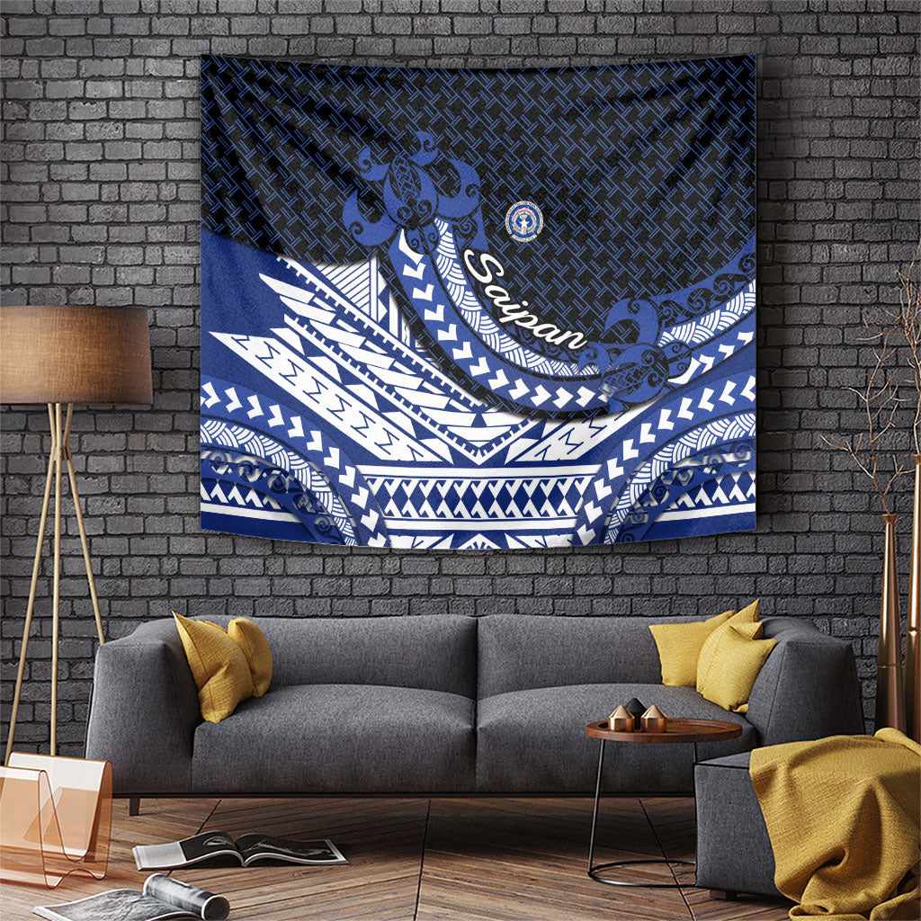 Northern Mariana Islands Saipan Tapestry Polynesian Tribal Pattern - Commonwealth Seal Art TS04 Blue White - Polynesian Pride