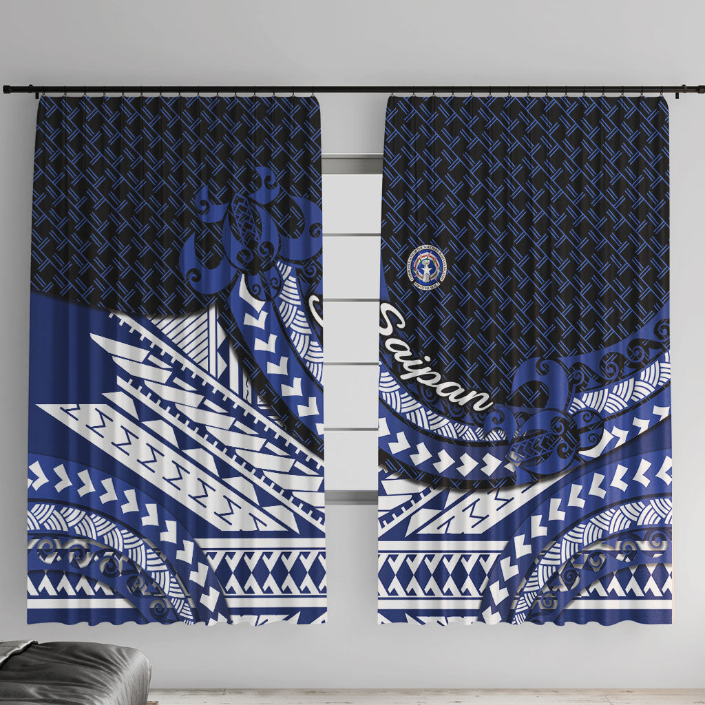 Northern Mariana Islands Saipan Window Curtain Polynesian Tribal Pattern - Commonwealth Seal Art TS04 With Hooks Blue White - Polynesian Pride