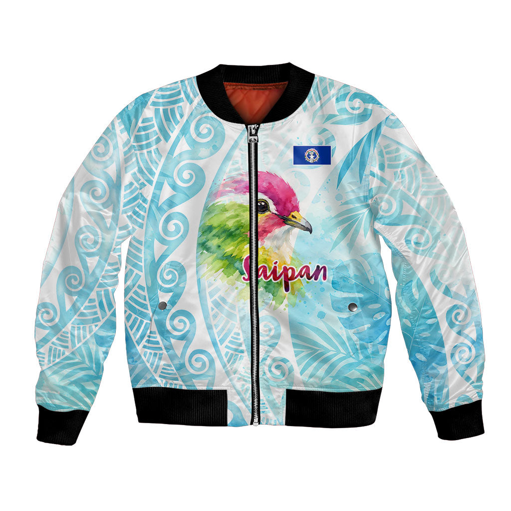 Saipan CMNI Bomber Jacket Polynesian Northern Mariana Islands Fruit Dove Watercolor TS04 Unisex Blue White - Polynesian Pride