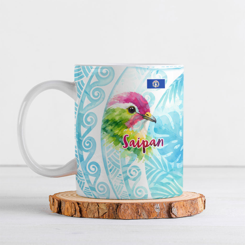 Saipan CMNI Ceramic Mug Polynesian Northern Mariana Islands Fruit Dove Watercolor TS04 Blue White - Polynesian Pride
