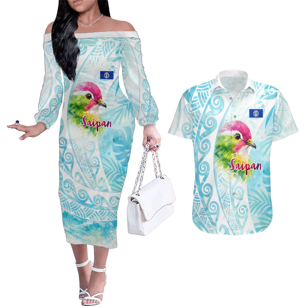 Saipan CMNI Couples Matching Off The Shoulder Long Sleeve Dress and Hawaiian Shirt Polynesian Northern Mariana Islands Fruit Dove Watercolor