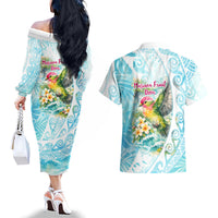 Saipan CMNI Couples Matching Off The Shoulder Long Sleeve Dress and Hawaiian Shirt Polynesian Northern Mariana Islands Fruit Dove Watercolor