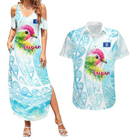 Saipan CMNI Couples Matching Summer Maxi Dress and Hawaiian Shirt Polynesian Northern Mariana Islands Fruit Dove Watercolor