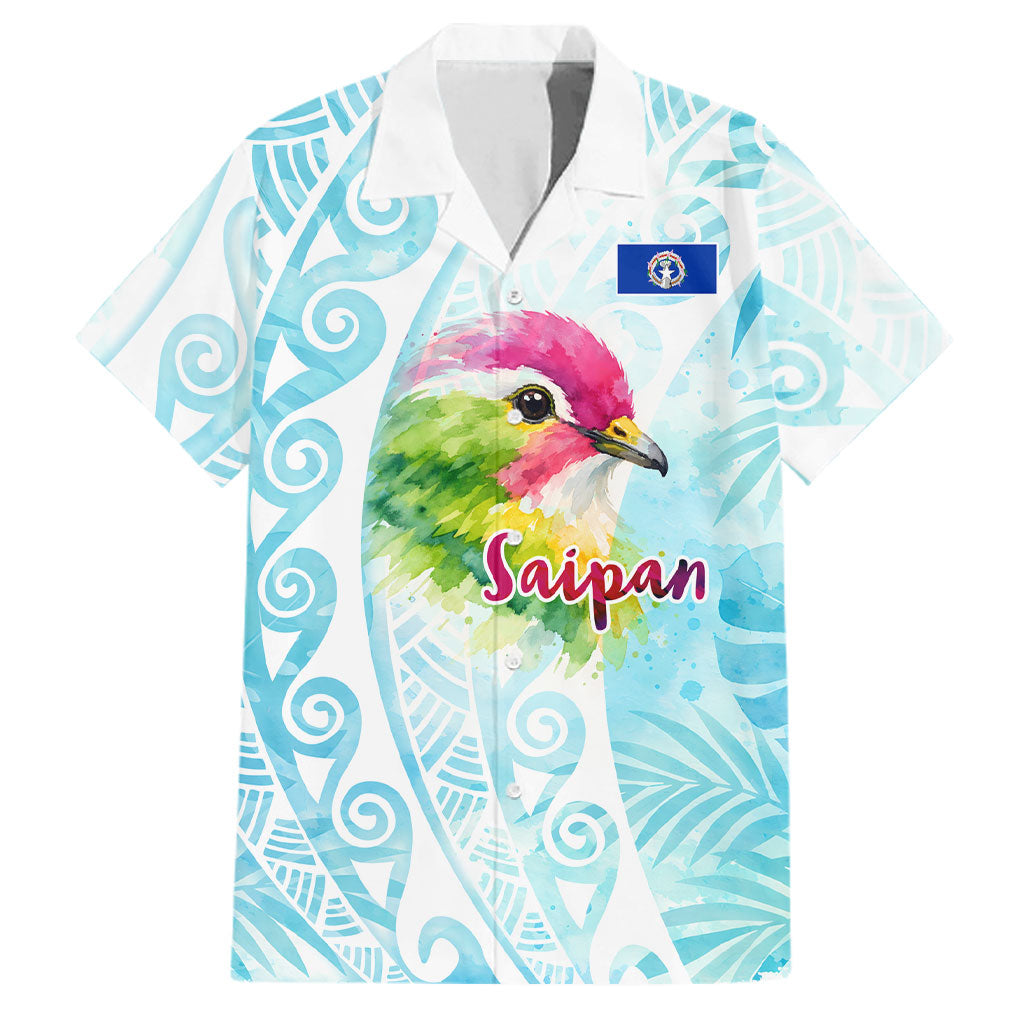 Saipan CMNI Family Matching Off The Shoulder Long Sleeve Dress and Hawaiian Shirt Polynesian Northern Mariana Islands Fruit Dove Watercolor TS04 Dad's Shirt - Short Sleeve Blue White - Polynesian Pride