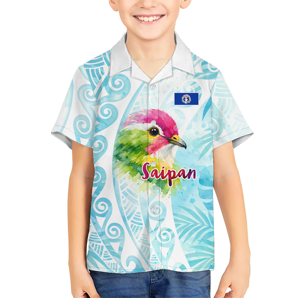 Saipan CMNI Family Matching Off Shoulder Short Dress and Hawaiian Shirt Polynesian Northern Mariana Islands Fruit Dove Watercolor TS04 Son's Shirt Blue White - Polynesian Pride