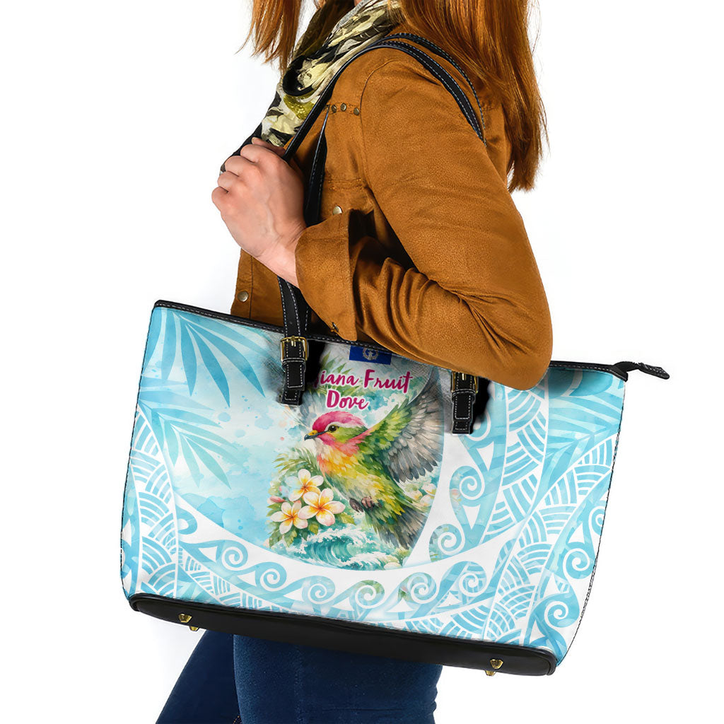 Saipan CMNI Leather Tote Bag Polynesian Northern Mariana Islands Fruit Dove Watercolor TS04 Blue White - Polynesian Pride