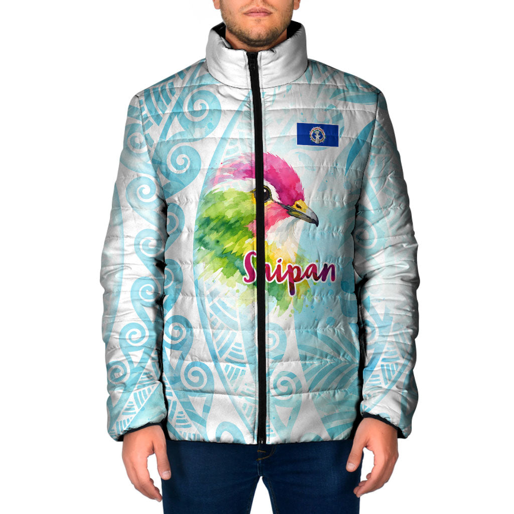 Saipan CMNI Padded Jacket Polynesian Northern Mariana Islands Fruit Dove Watercolor TS04 Men Blue White - Polynesian Pride
