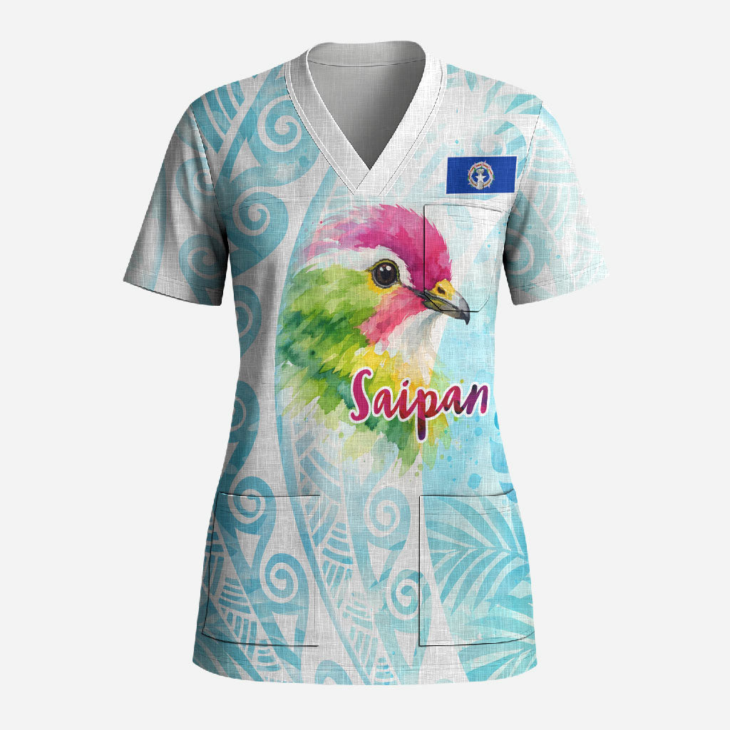 Saipan CMNI Scrub Top Polynesian Northern Mariana Islands Fruit Dove Watercolor TS04 Adult Blue White - Polynesian Pride
