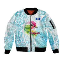 Saipan CMNI Sleeve Zip Bomber Jacket Polynesian Northern Mariana Islands Fruit Dove Watercolor TS04 Unisex Blue White - Polynesian Pride