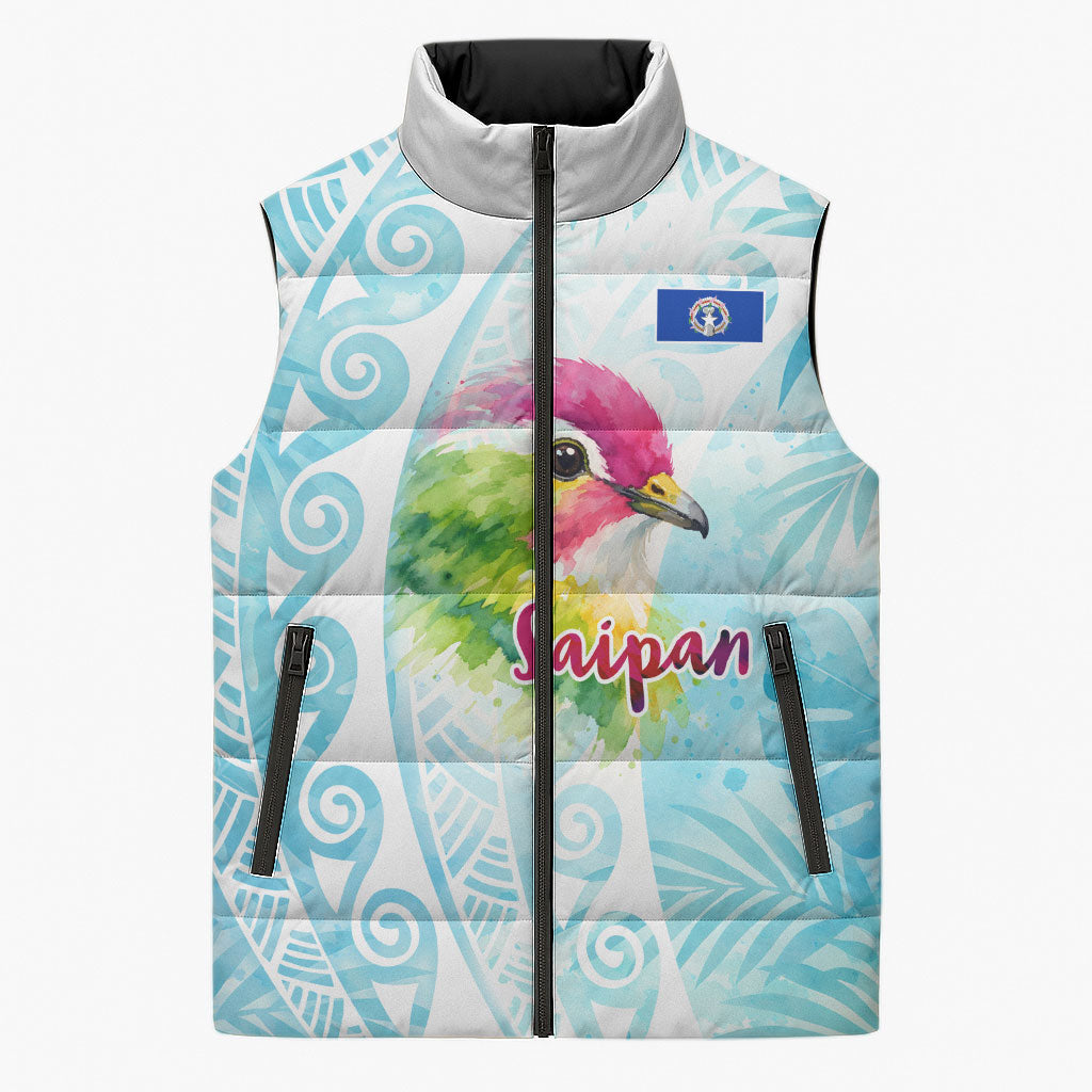 Saipan CMNI Sleeveless Puffer Jacket Polynesian Northern Mariana Islands Fruit Dove Watercolor TS04 Unisex Blue White - Polynesian Pride