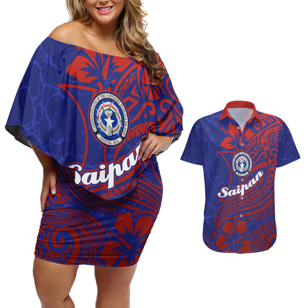 Saipan Northern Mariana Islands Couples Matching Off Shoulder Short Dress and Hawaiian Shirt Polynesian Tribal Tattoo Art With Hibiscus Flowers And Seal