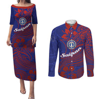 Saipan Northern Mariana Islands Couples Matching Puletasi and Long Sleeve Button Shirt Polynesian Tribal Tattoo Art With Hibiscus Flowers And Seal