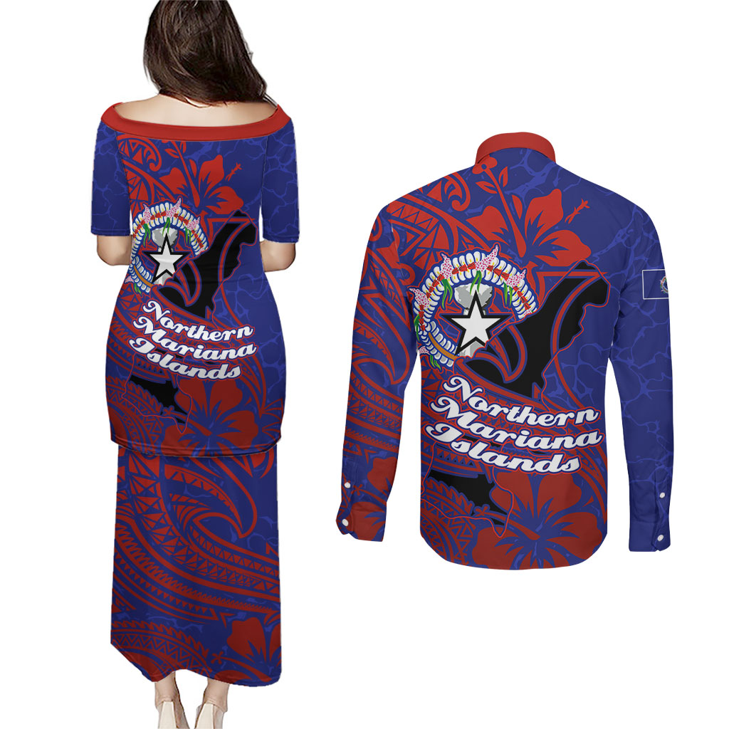 Saipan Northern Mariana Islands Couples Matching Puletasi and Long Sleeve Button Shirt Polynesian Tribal Tattoo Art With Hibiscus Flowers And Seal