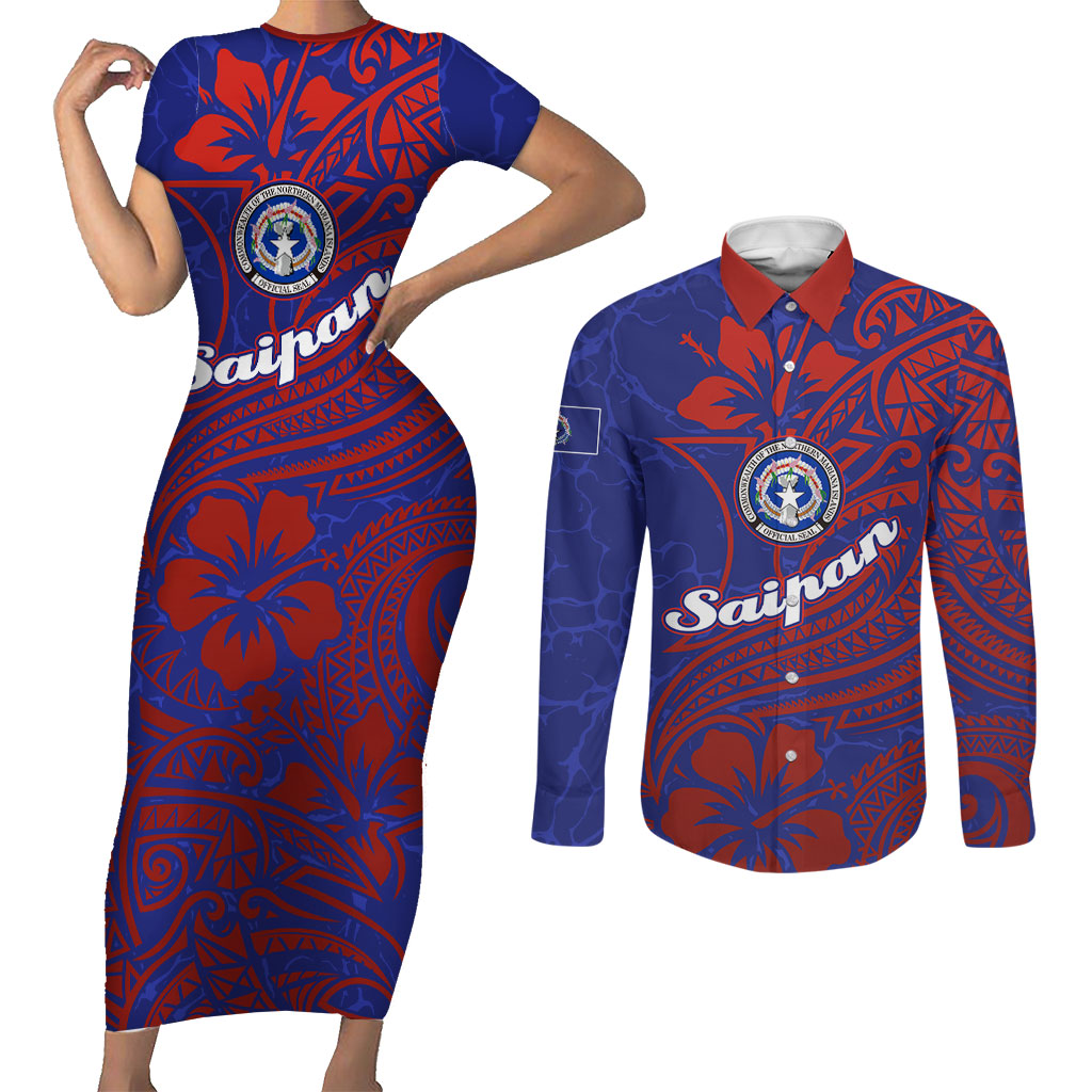 Saipan Northern Mariana Islands Couples Matching Short Sleeve Bodycon Dress and Long Sleeve Button Shirt Polynesian Tribal Tattoo Art With Hibiscus Flowers And Seal TS04 Blue Red - Polynesian Pride